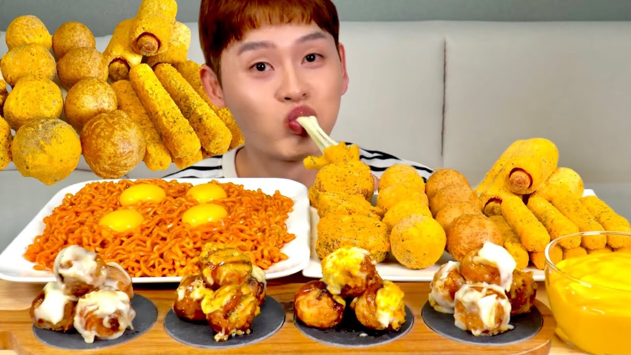 ASMR 뿌링뿌링클 사이드메뉴랑 매콤한 불닭볶음면🥵 타코야끼 먹방~!! Spicy Noodles🔥 With Cheese Ball Cheese Stick MuKBang~!!