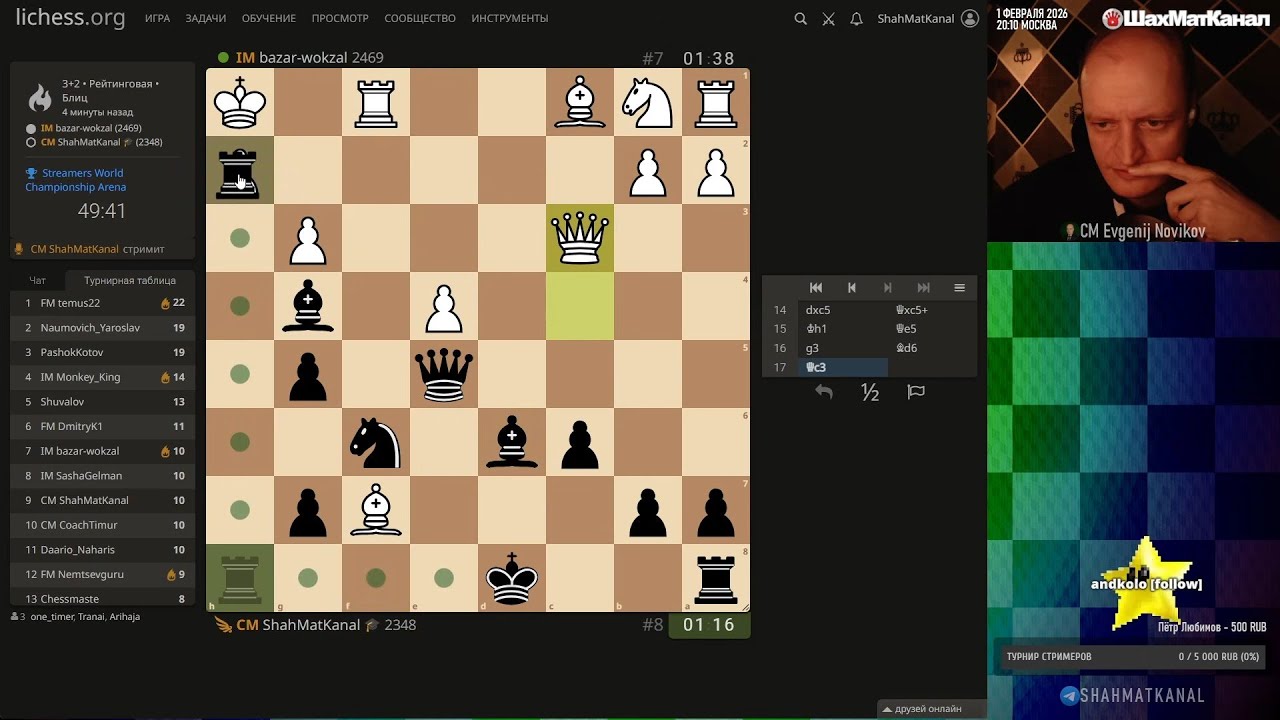 20260201 ТУРНИР Streamers World Championship Arena 3+2 Lichess.org СТРИМ ШахМатКанал Шахматы