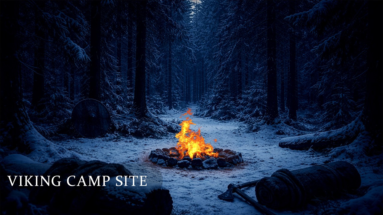 1 Hour Viking Campfire in the Snowy Forest | Winter Wind & Crackling Fire | No Rain