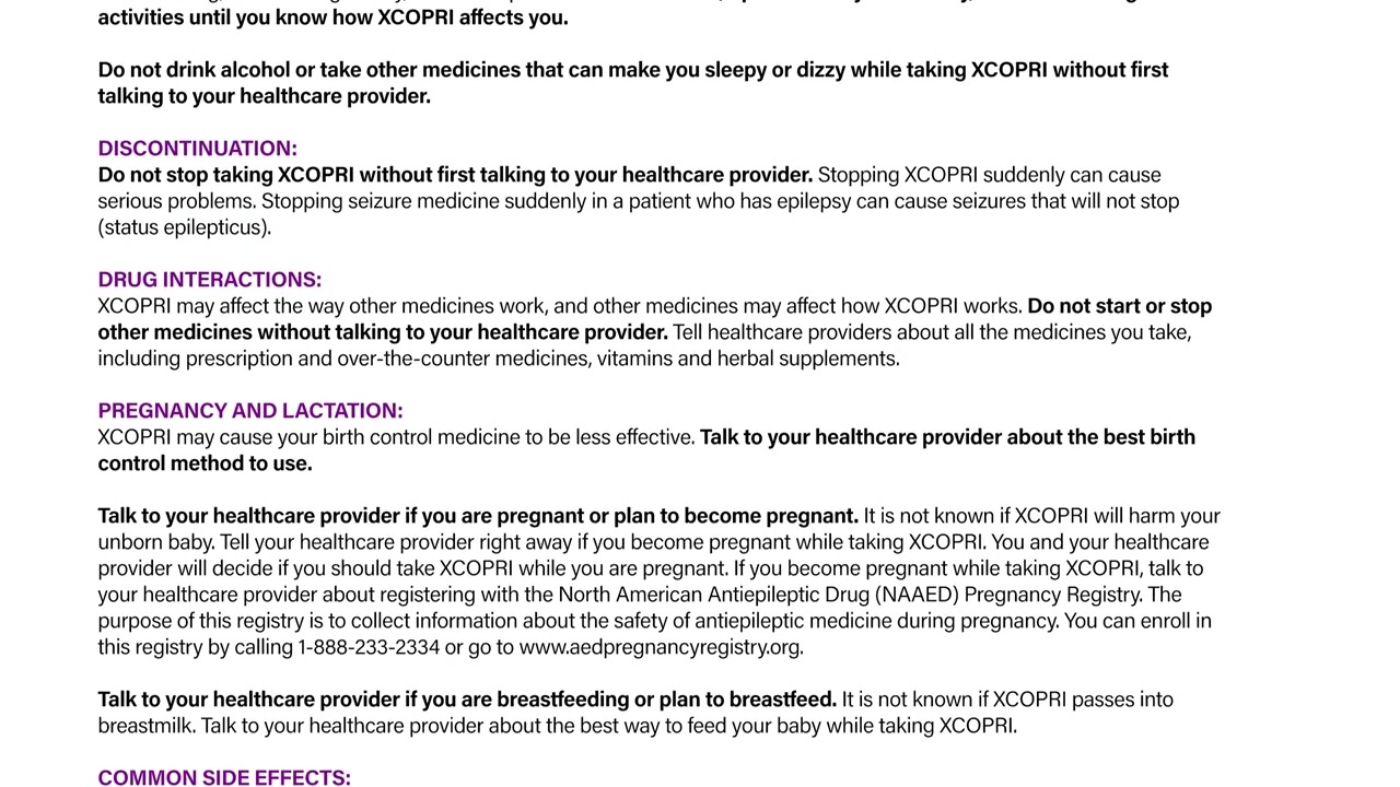 Important Safety Information for XCOPRI&reg; (cenobamate tablets) CV