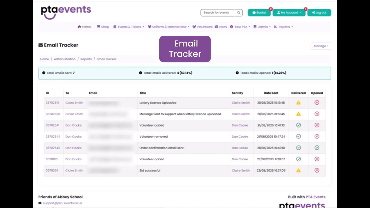 PTA Events Tutorials: Can I track an email sent from my website
