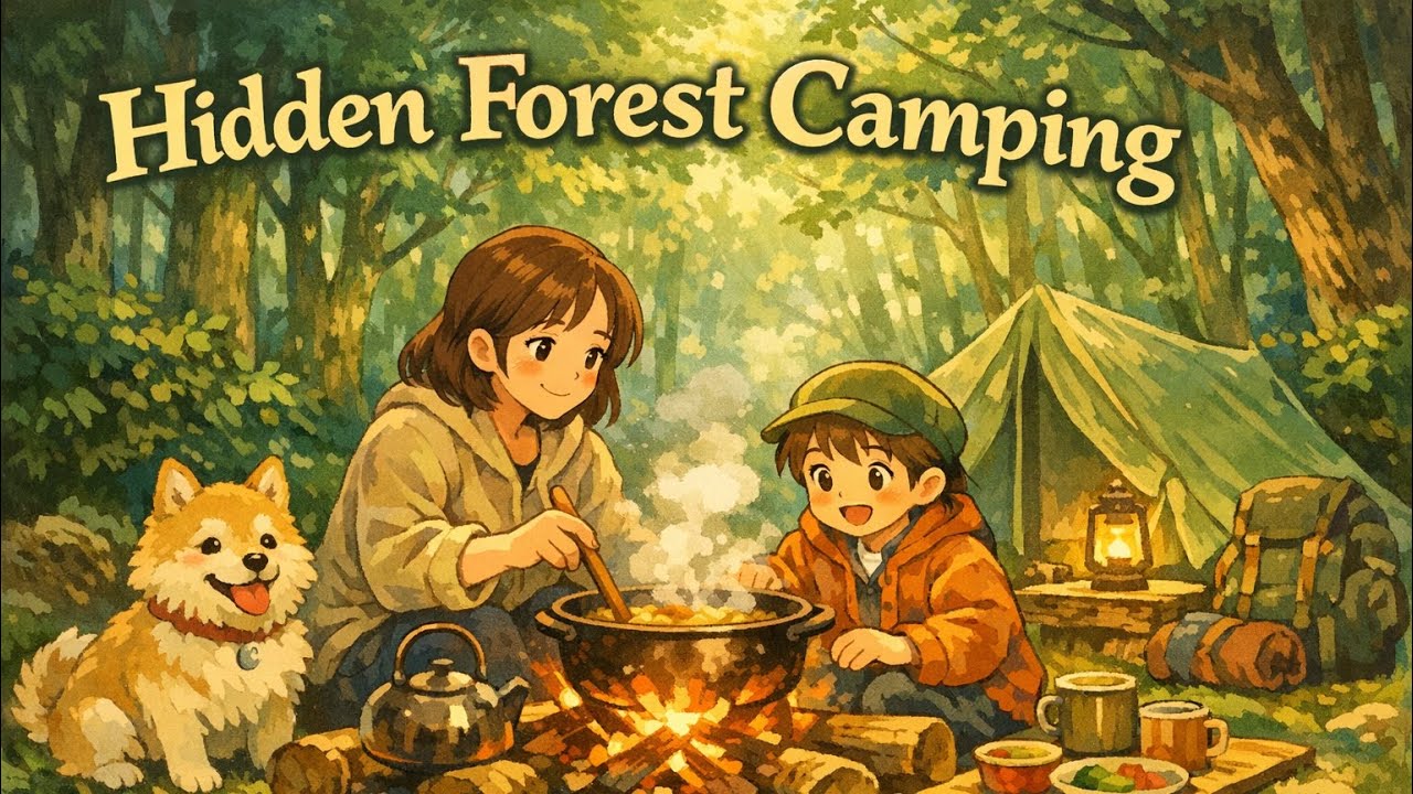 Hidden Forest Camping | Mother, Child & Dog | Cozy Cooking ASMR | Ghibli-Style