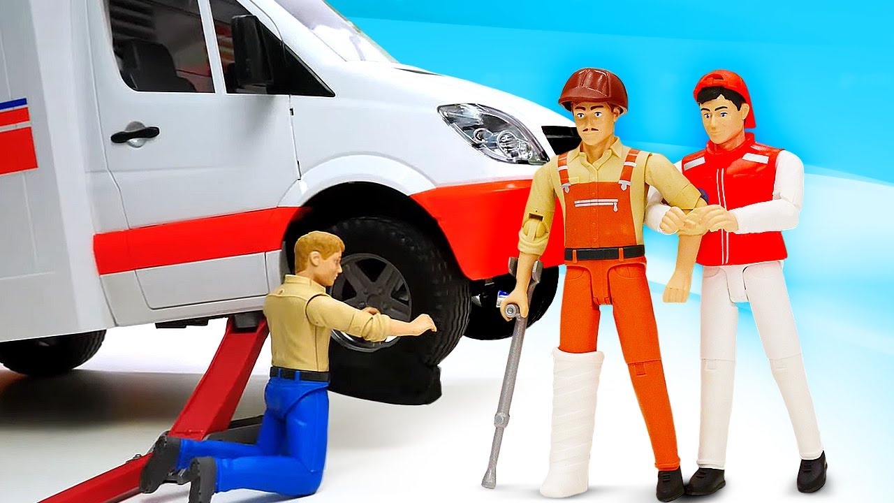 Bruder Einsatzfahrzeuge. Der Krankenwagen hat einen platten Reifen. Video mit tollen Spielzeugautos