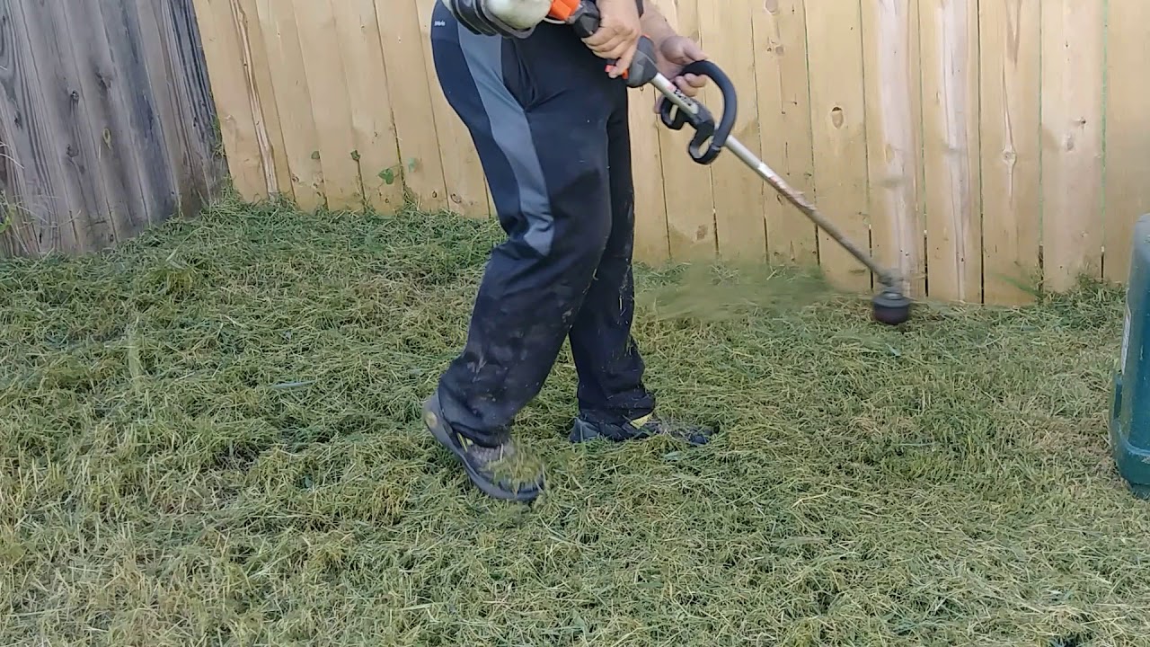 Using a weedeater to cut a really tall lawn echo means business