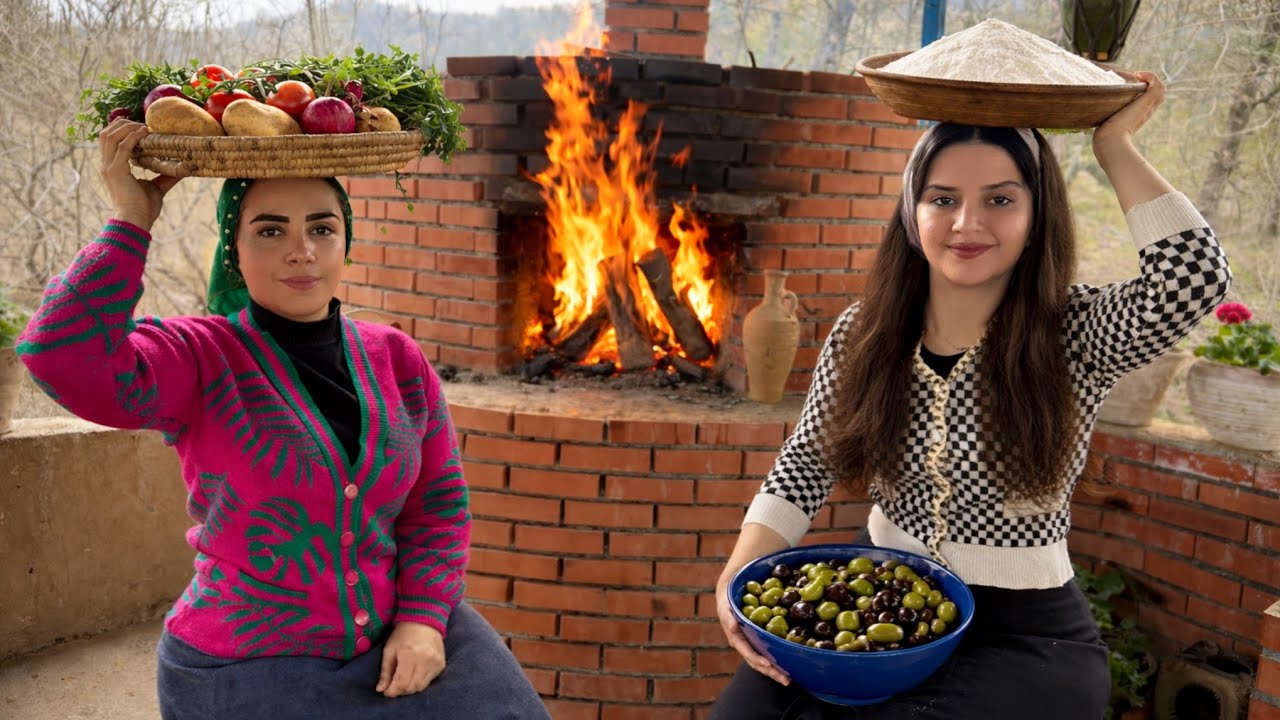 Baking olive bread with vegetables in the village
