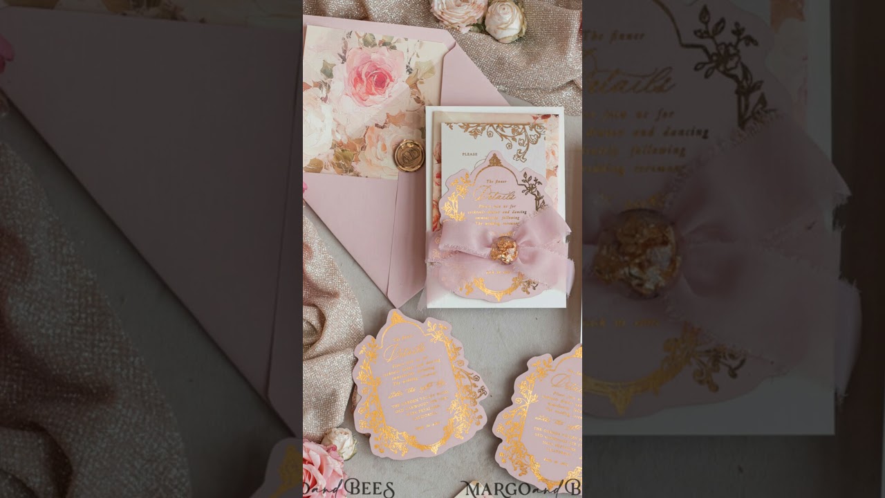 Vintage Baroque Wedding Invitations 💌Blush Pink & Gold Fine Art Suite with RSVP, Roses & Royal Crest
