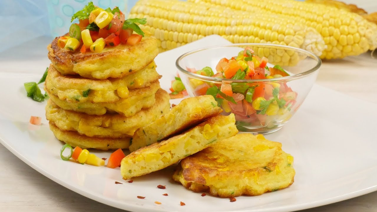 Corn Cakes mit Gemüse Salsa / leckere Maisküchlein / Mais Bratlinge / Maispuffer