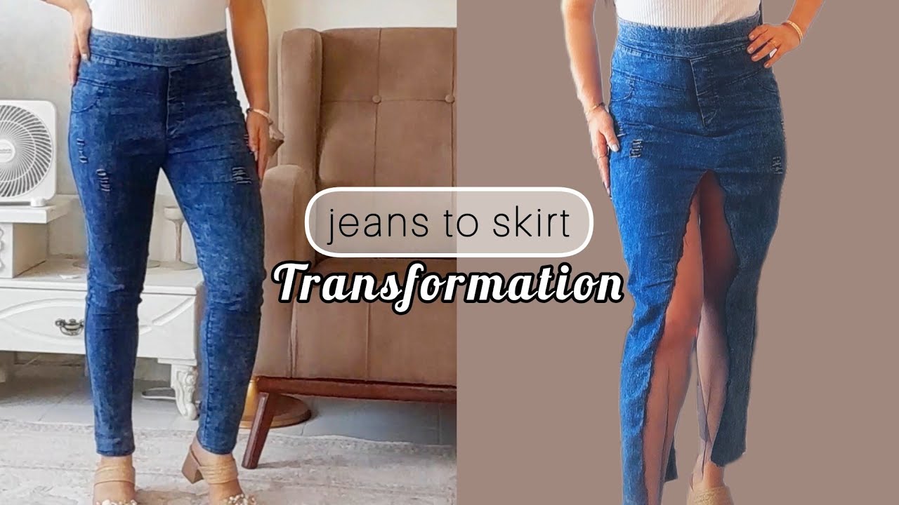 How to TRANSFORM jeans to skirt👌remake jeans into a skirt EASILY