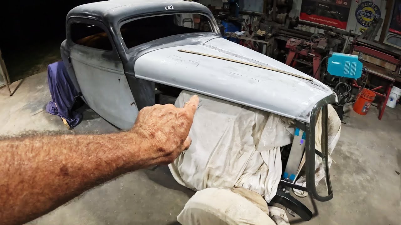 34 Ford Coupe Street Rod Build - Fitting A Fiberglass Hood