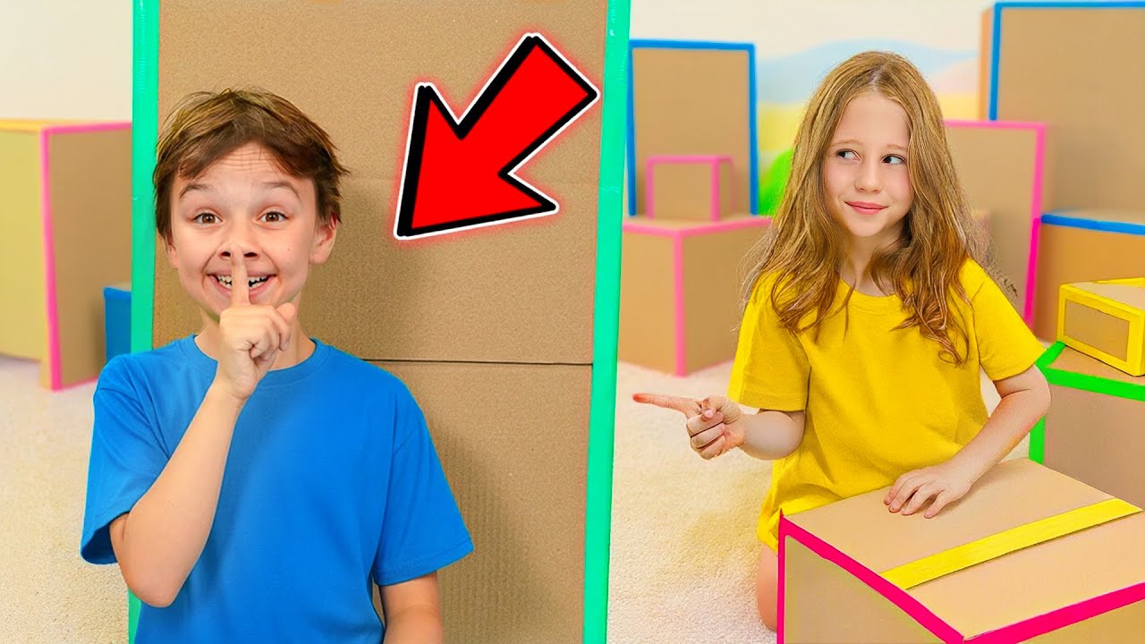 Nastya e seus amigos brincando de esconde-esconde com caixas de papelão