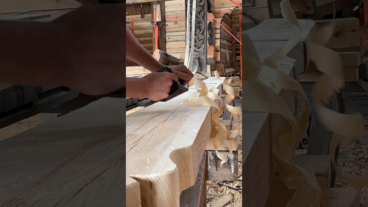 Woodshavings flying 🪵 Torbj&oslash;rn working on fresh pine for log farmhouse #woodworking #shorts