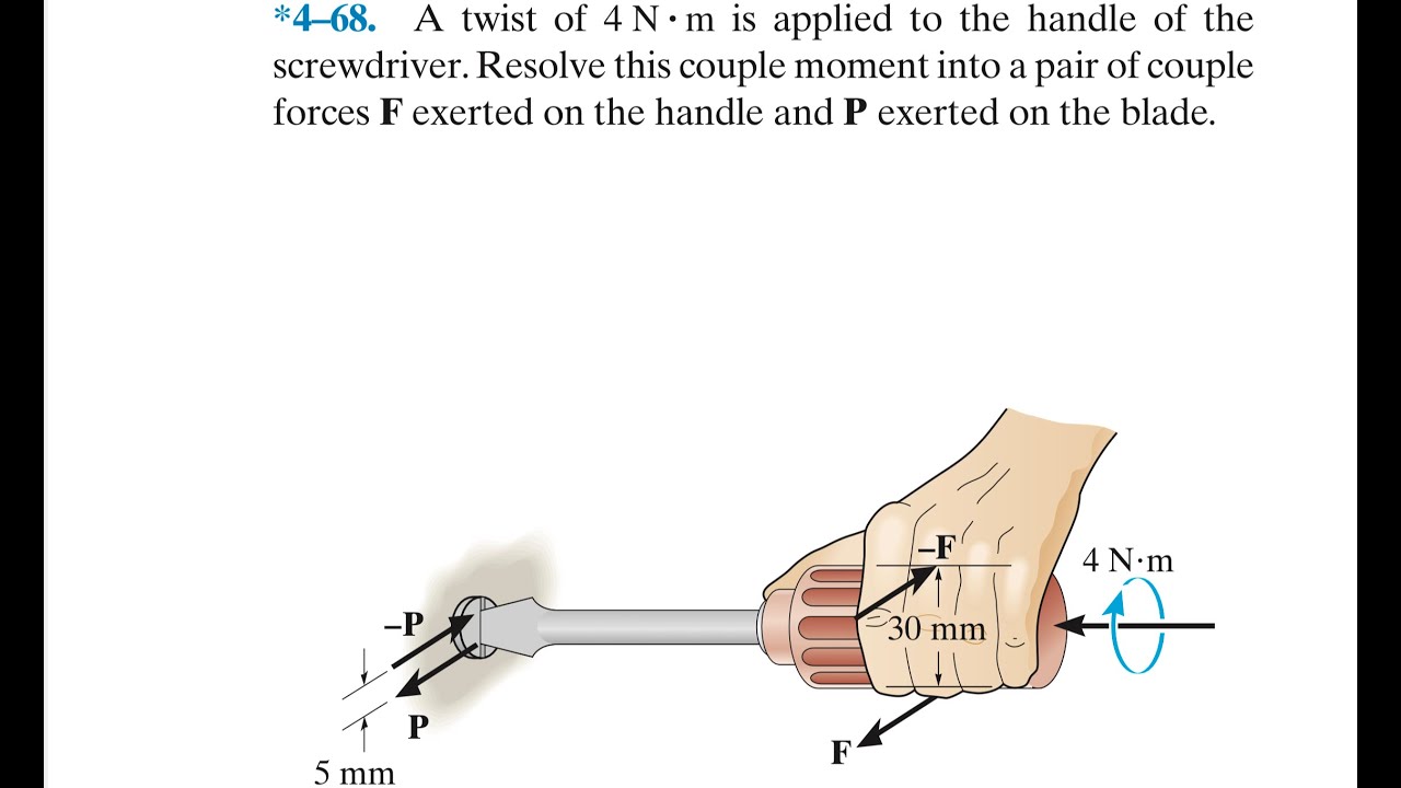 Statics 4.68 - A twist of 4Nm is applied to the handle of the screwdriver. Resolve the couple moment