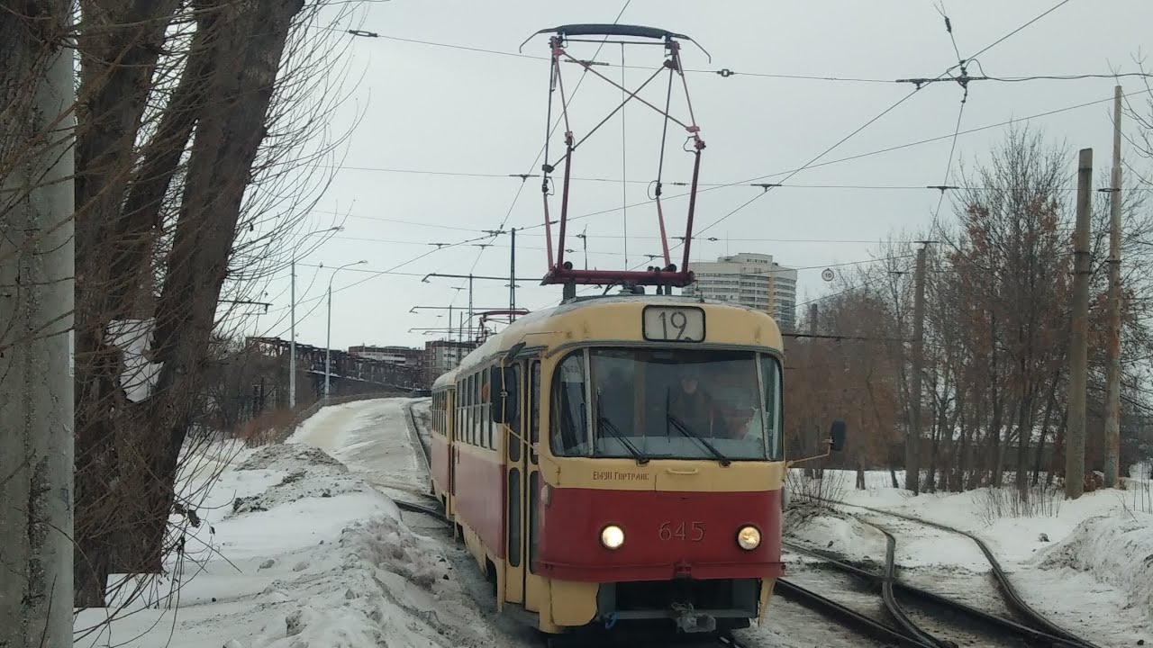 Поездка на трамвае Tatra T3SU (двухдверная) СМЕ 645+644 (в вагоне 645), маршрут 19, Екатеринбург