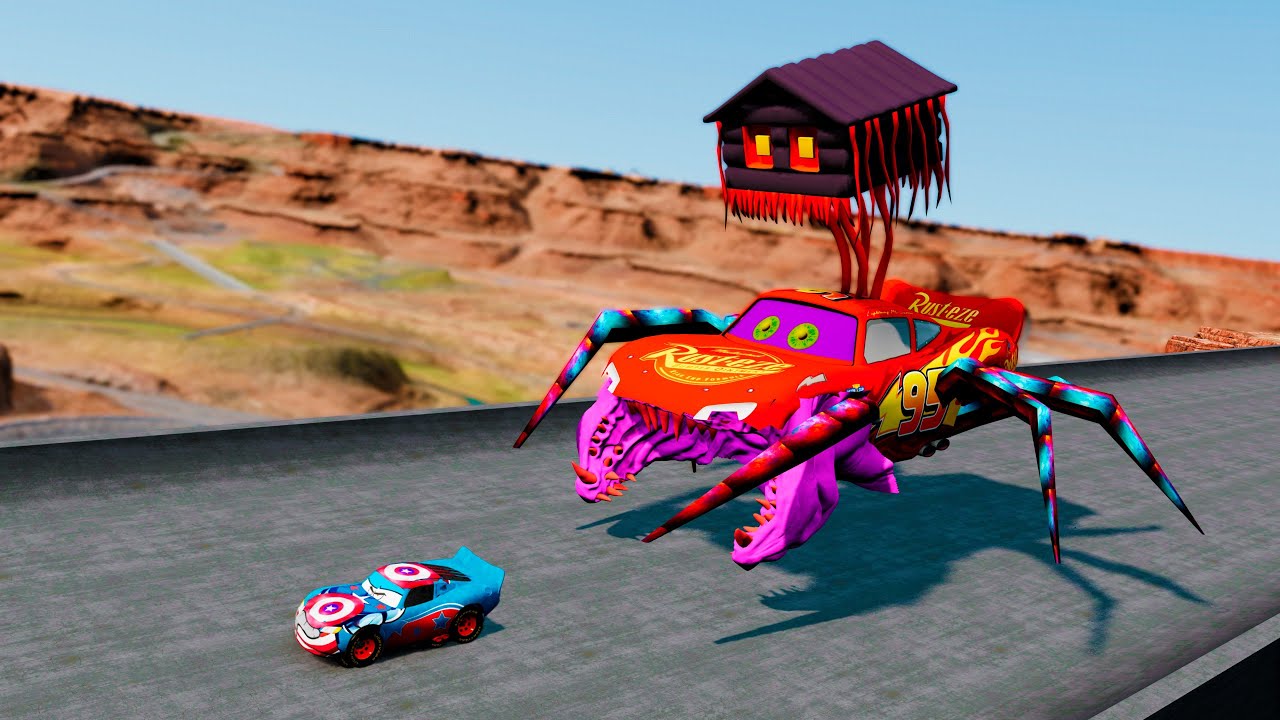 CAPTAIN AMERICA McQUEEN vs GIANT SPIDER MONSTER! (BeamNG.Drive)