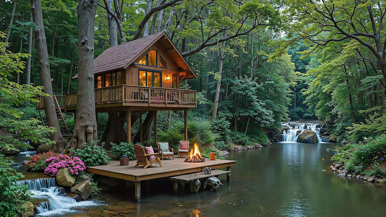 Cozy Spring Lakeside Cabin 🌿🔥Crackling Fire, Piano Music & Nature Sounds for Relaxation
