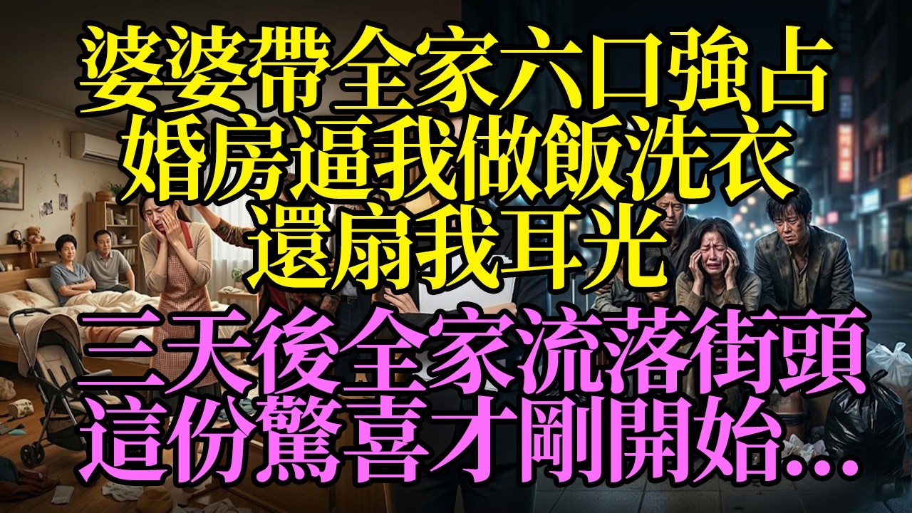 婆婆帶全家六口強佔婚房，逼我做飯洗衣還扇我耳光，三天後全家流落街頭，這份驚喜才剛開始……#為人處世 #生活經驗 #情感故事 #故事 #小說 #戀愛 #情感 #婚姻