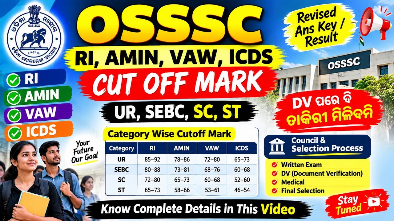 OSSSC RI, AMIN, VAW, ICDS CUTOFF MARK, CATEGORY WISE // RESULT, REVISE ANS KEY // SELECTION PROCESS 