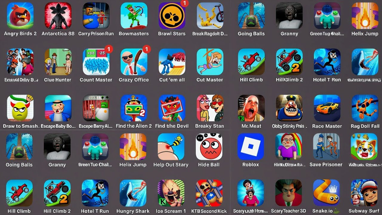 Angry Birds 2, Antarctica 88, Barry Prison Run, Bowmasters, Brawl Stars, Break Ragdoll