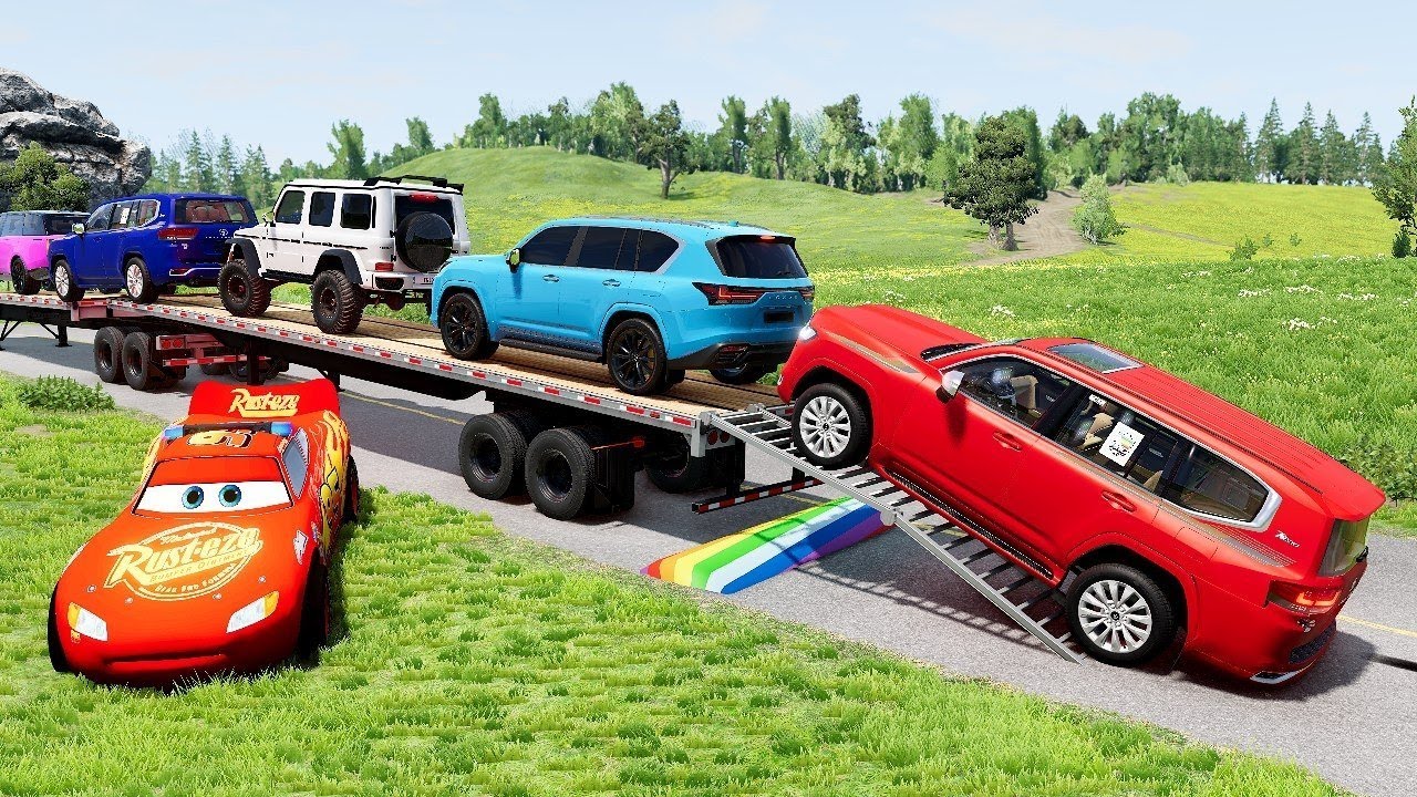 Flatbed Truck McQueen | Transportation with Truck - Pothole vs Car #2 | BeamNG.Drive Gameplay