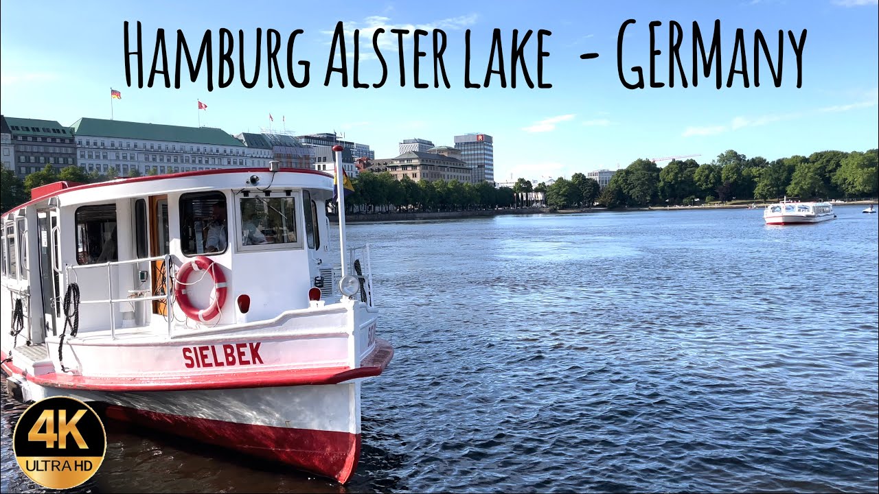 BEAUTIFUL Alster Lake in Hamburg Germany in 2022 (4K / Ultra HD). Binnenalster, Boat & Fountain