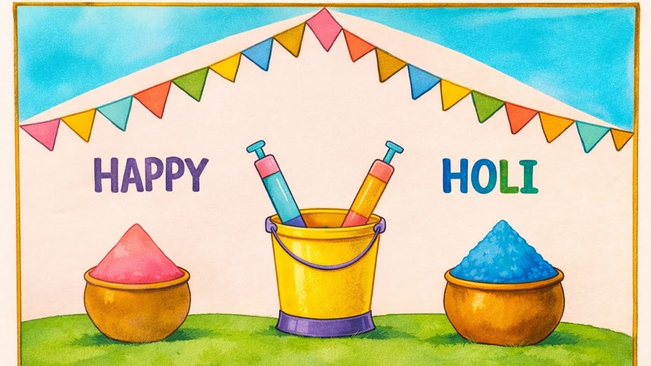 Happy Holi Drawing Easy 🎨 | Holi Special Poster Drawing Step by Step | Bucket & Pichkari Drawing