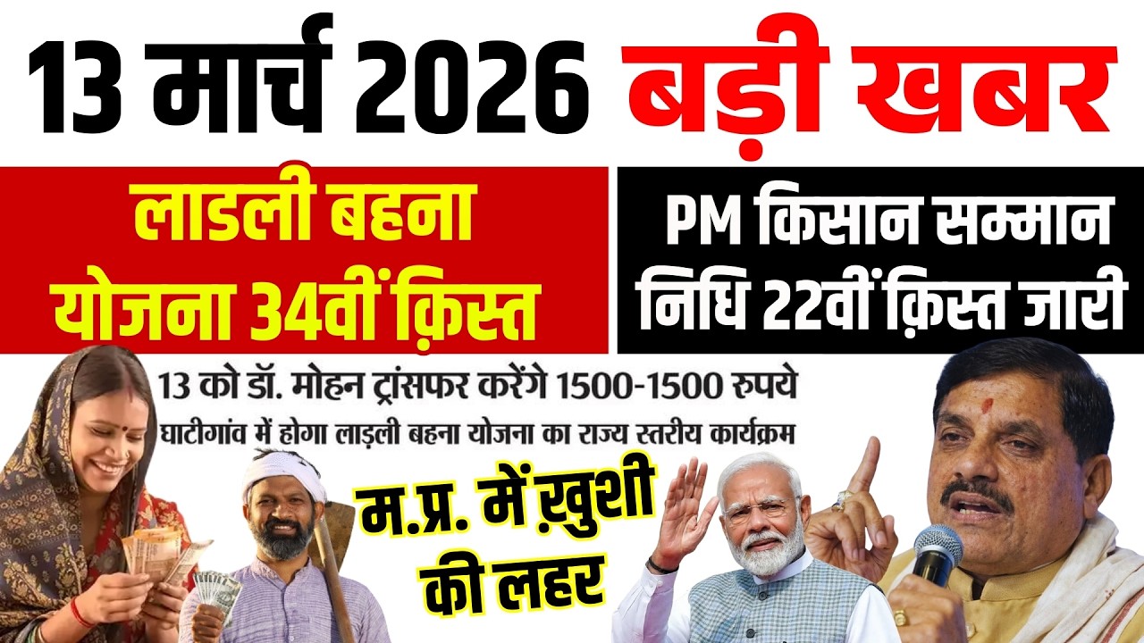 Ladli Behna Yojana 34th kist 13 March 2026 को जारी | PM Kisan Samman Nidhi 22th Kist | Today News