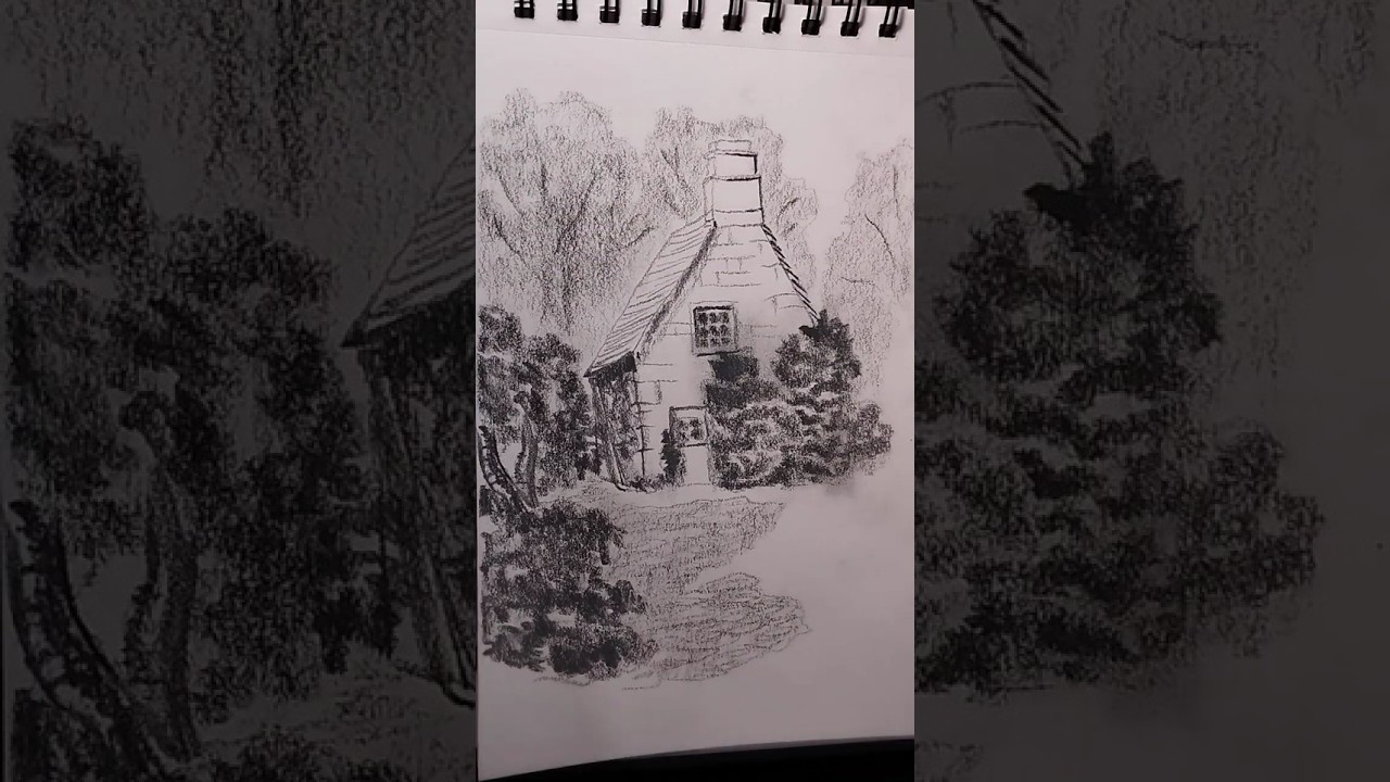 Chiaroscuro, pencil drawing of a cottage in woods