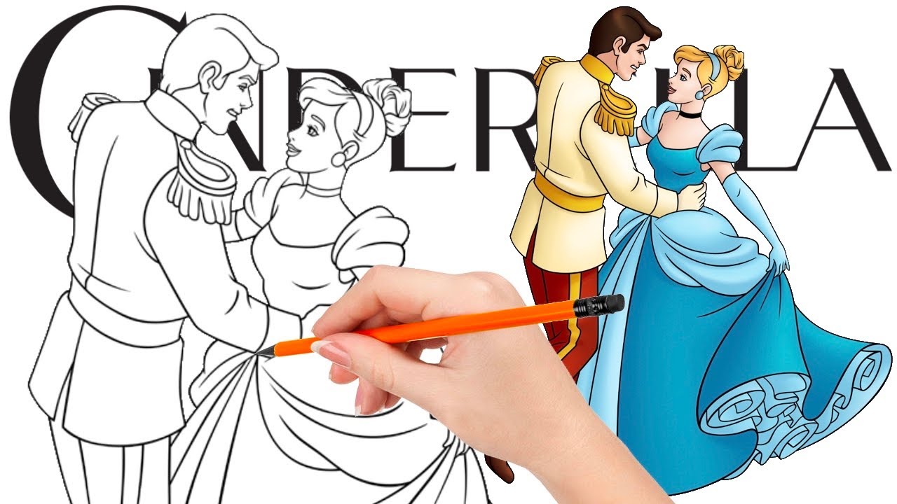 How to draw Cinderella and Prince Charming dancing together