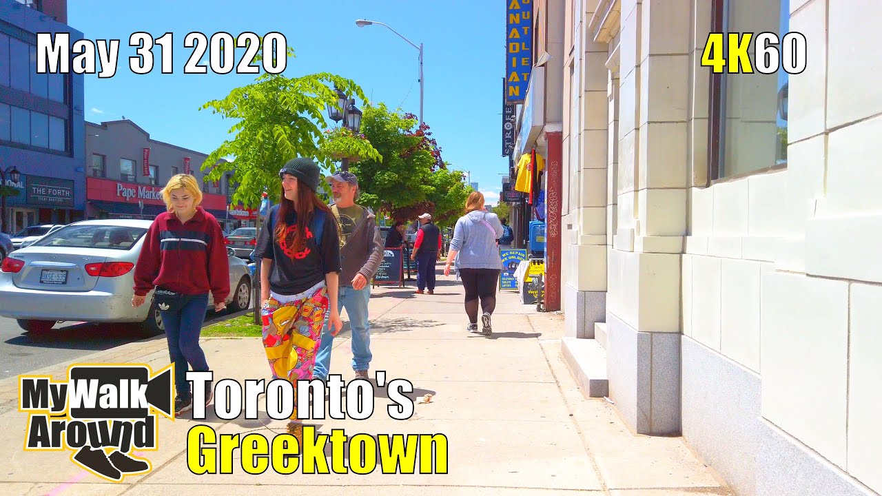 Toronto Greektown walk around Danforth Ave May 31 2020 on a beautiful & sunny Sunday afternoon (4k)