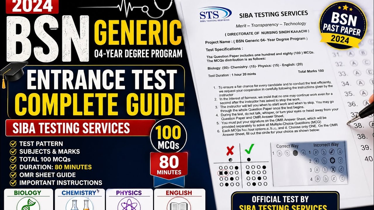DNSK BSN Entry Test 2026 🔥 | STS BSN Past Paper 2024 | 100 MCQs + OMR Complete Guide 🩺📚