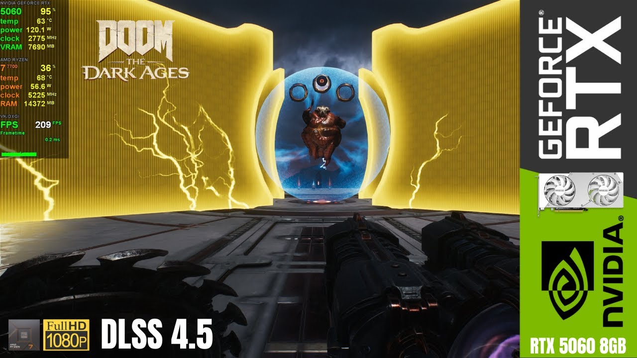 DOOM: The Dark Ages, Preset Ultrapesadelo, DLSS 4.5 Desempenho + MFG 2X | RTX 5060 | R7 7700