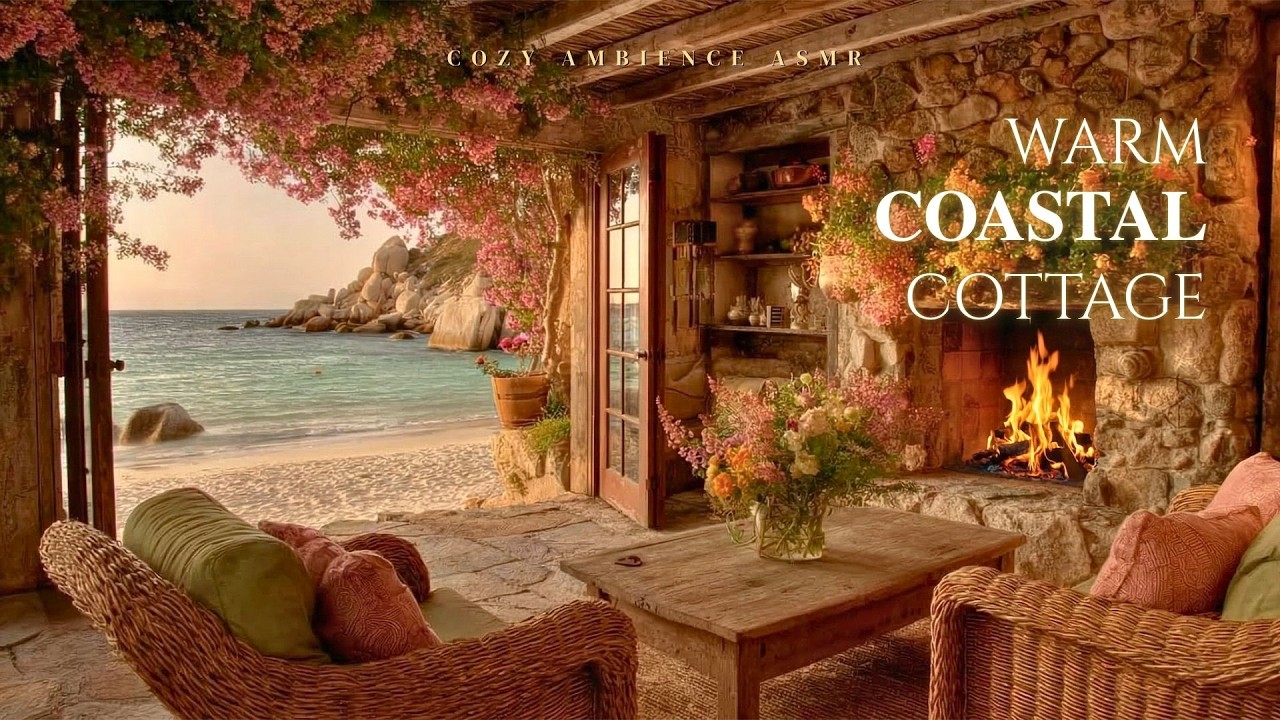 Warm Coastal Cottage 🌺 Ocean Waves and Fireplace Sounds for Deep Relaxation