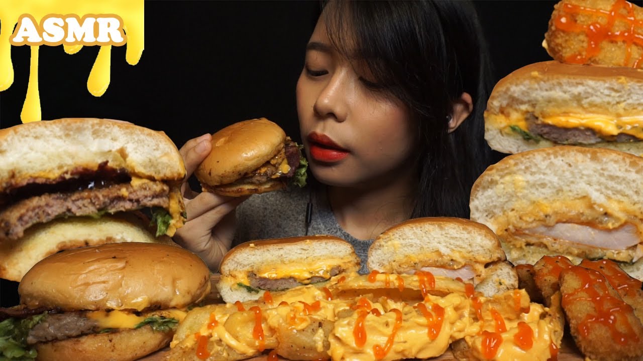 ASMR Smoked BEEF Cheeseburger, SPICY Chicken Burger, Nachos FRIES | So Much Cheese 🧀 | Eating Sounds