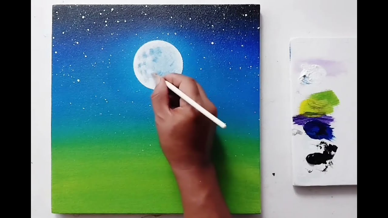Easy Full Moon Landscape Canvas Painting For Beginners
