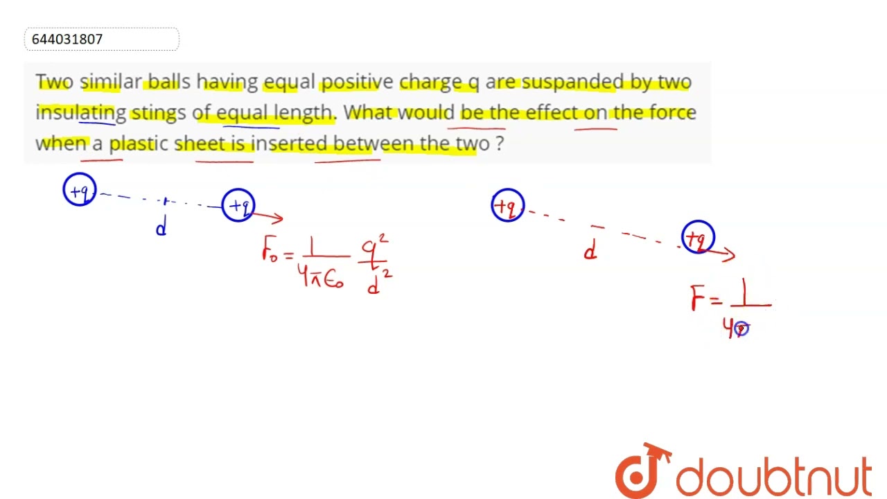 Two similar balls having equal positive charge q are suspanded by two insulating stings of equal...