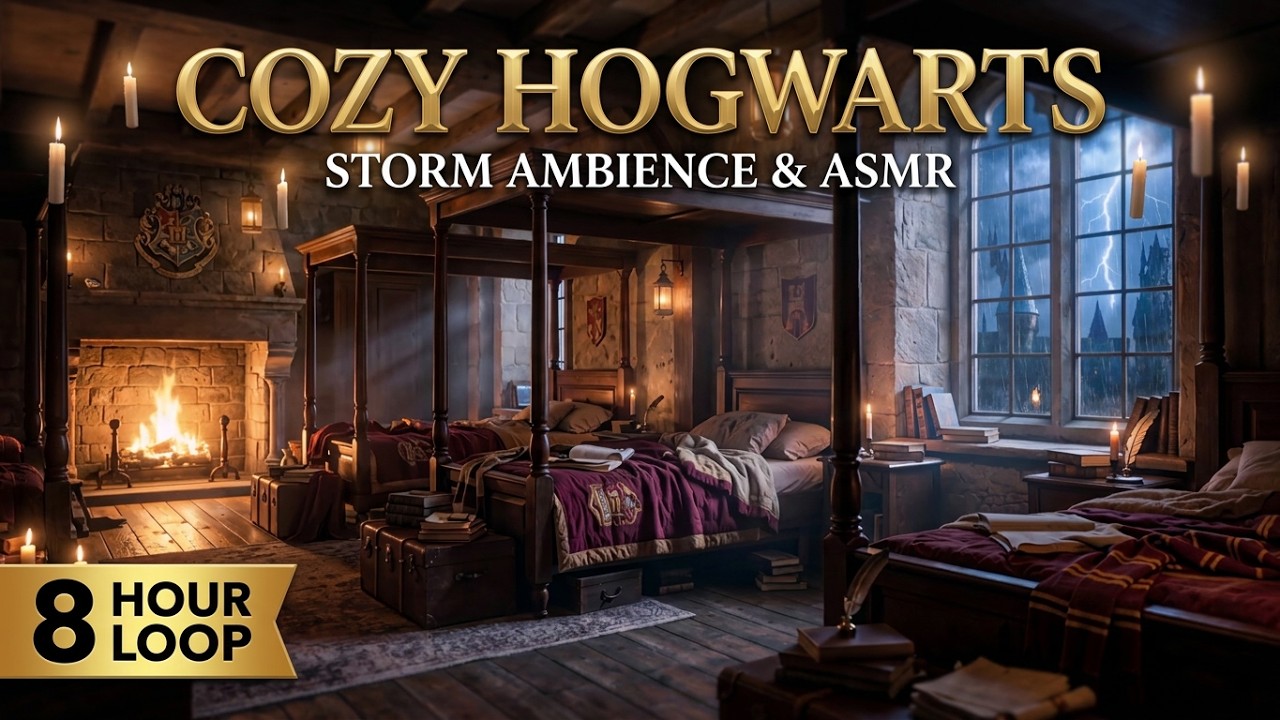 Cozy Harry Potter Dorm Room 🌧️ Rain & Fireplace Sleep Ambience 8 Hours 4K