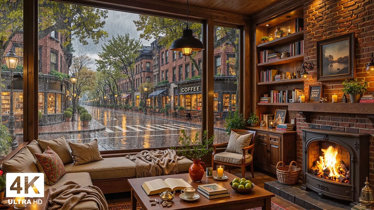 Calm Rain Coffee Shop by the Fireplace ☕ Gentle Jazz Music & Crackling Fireplace for Study, Work