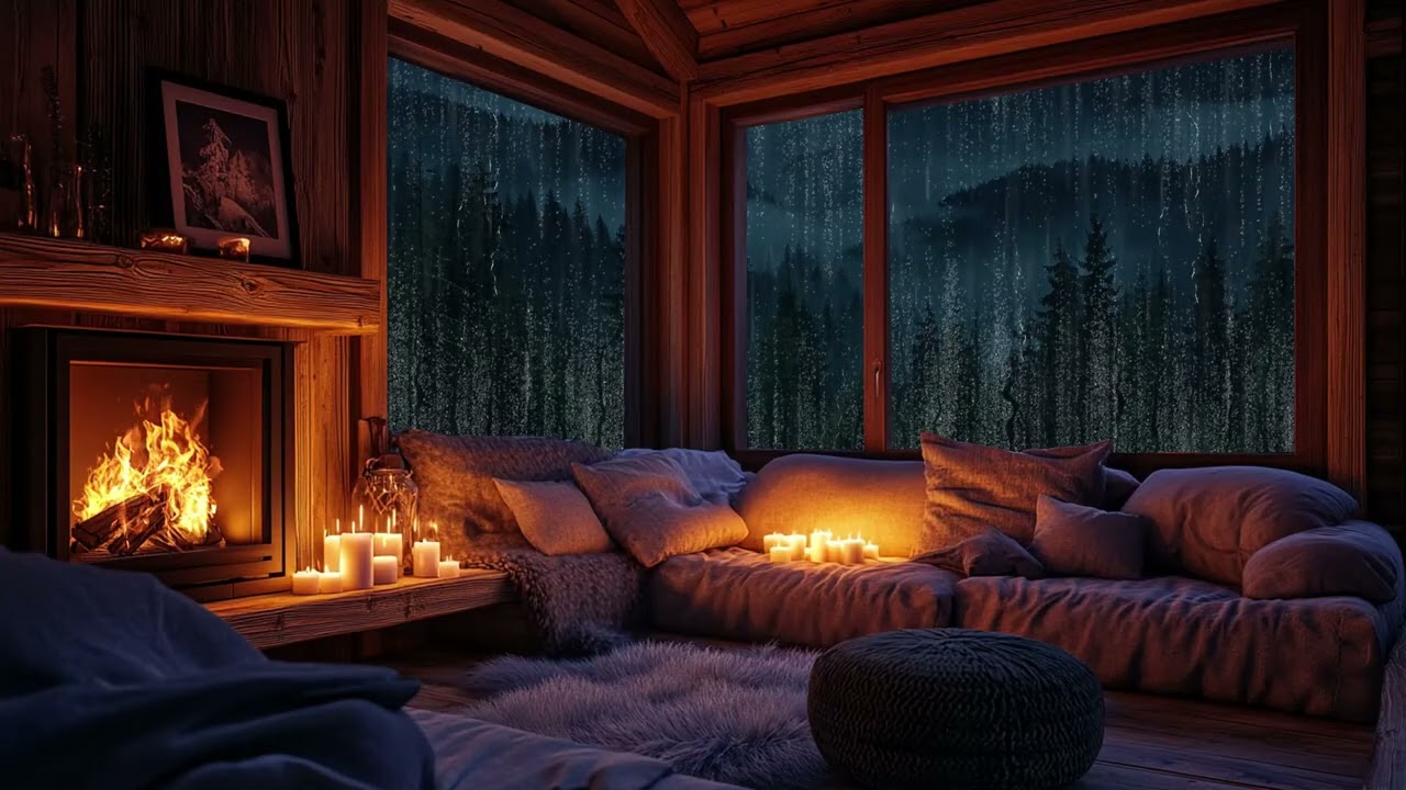 Goodbye Insomnia with Heavy Rain and Thunder Growls in Foggy full Murky Forest - Relaxing Fireplace