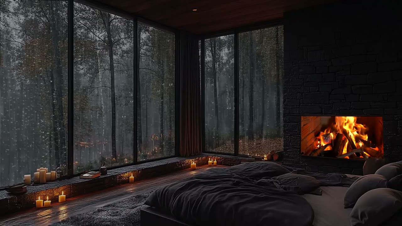 Rain Sounds For Sleeping – 3 Hours of Rain and Fireplace Sounds on Window in Cozy Room