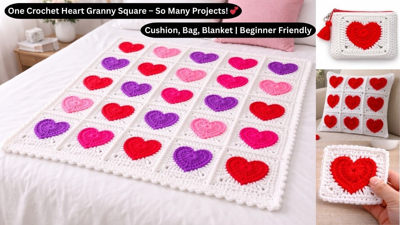 One Crochet Heart Granny Square – So Many Projects! 💕 | Cushion, Bag, Blanket | Beginner Friendly