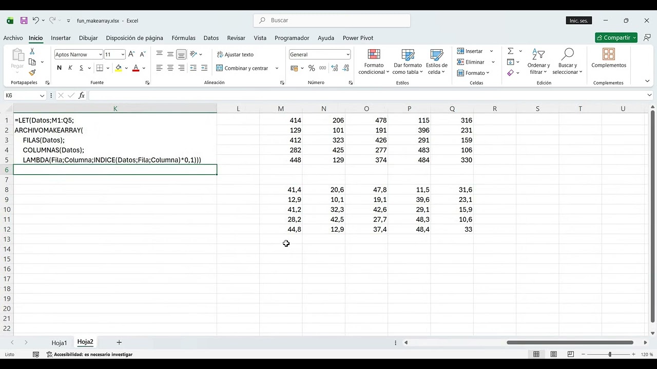 Función ARCHIVOMAKEARRAY en Excel.