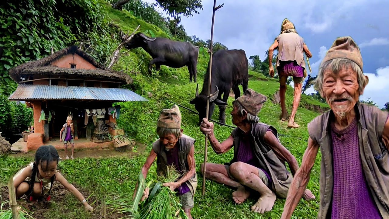 A 100 Year old man is Working Hard in the Village Nepal | Grazing Domestic Animals in Nepali Village
