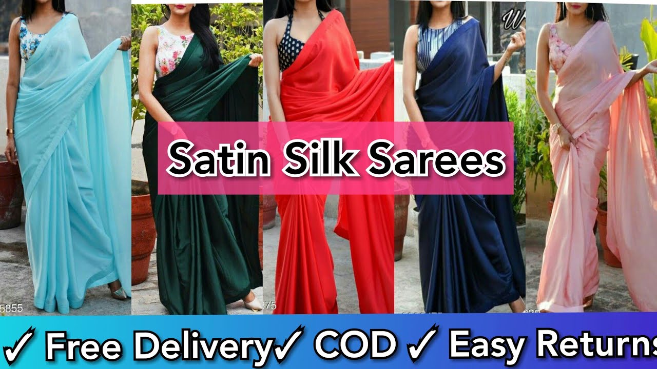 Women's Satin Silk Shiny Sarees with Printed Blouse/Satin Saree with price/women saree/Deep Fashions