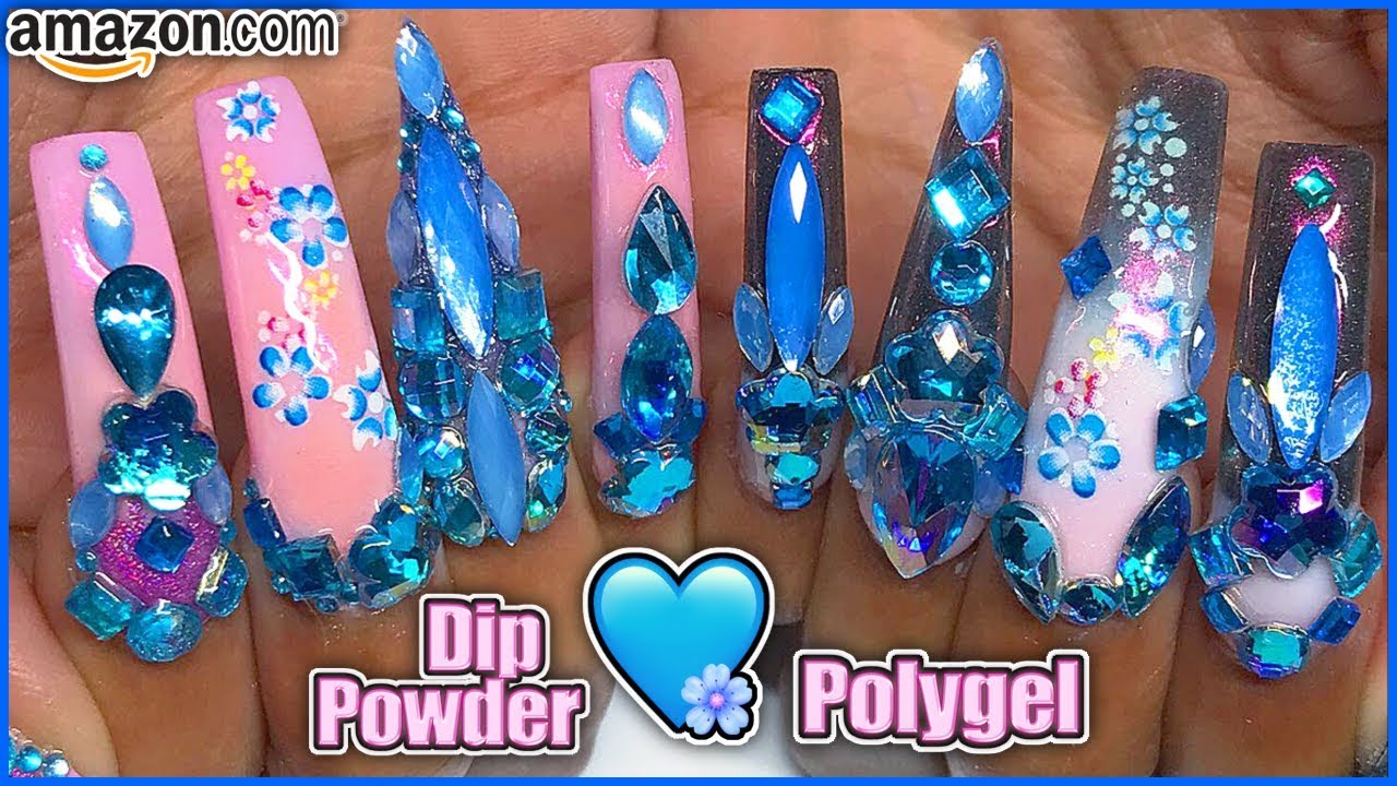 Amazon.com Dip Powder & Polygel ModelOnes Kit Tutorial! Blue Flower Bling Long Coffin Nails