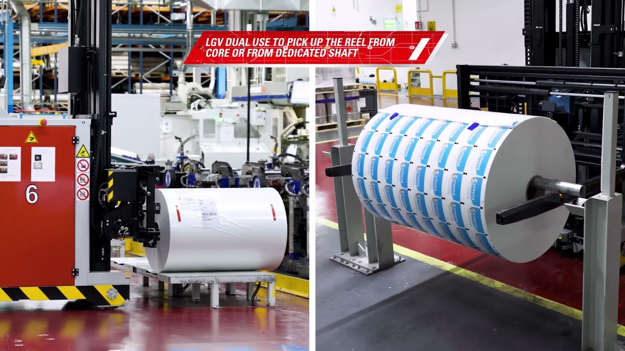 Internal logistics with Auriga LGV for reels of flexible packaging in SIT warehouse   Italy