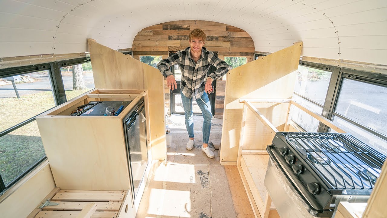 I Built a Kitchen and Dividing Walls in School Bus Tiny Home! - Skoolie Build Ep. 23