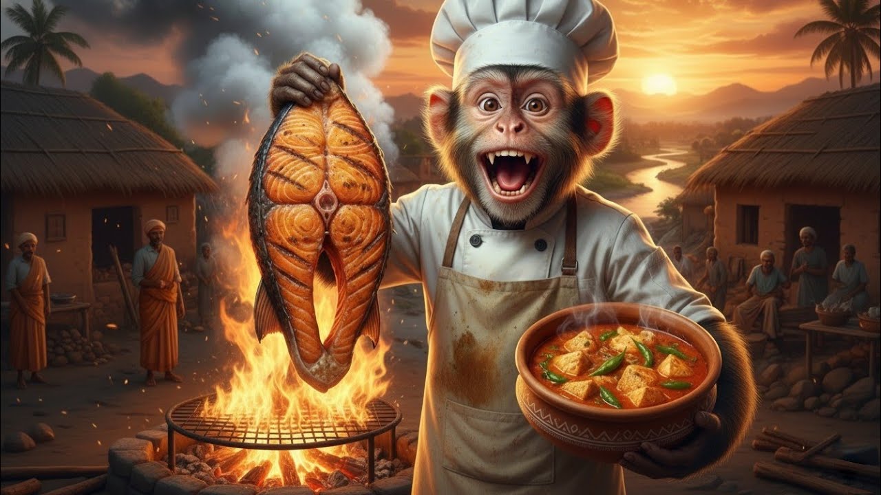 American Salmon Meets Indian Village Cooking | Monkey Style Outdoor Feast 🐒🔥