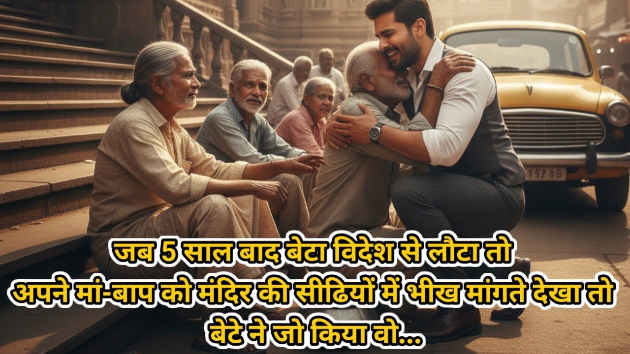 जब 5 साल बाद बेटा विदेश से लौटा तो अपने मां-बाप को मंदिर की सीढ़िया में भीख मांगते देखा तो बेटे ने