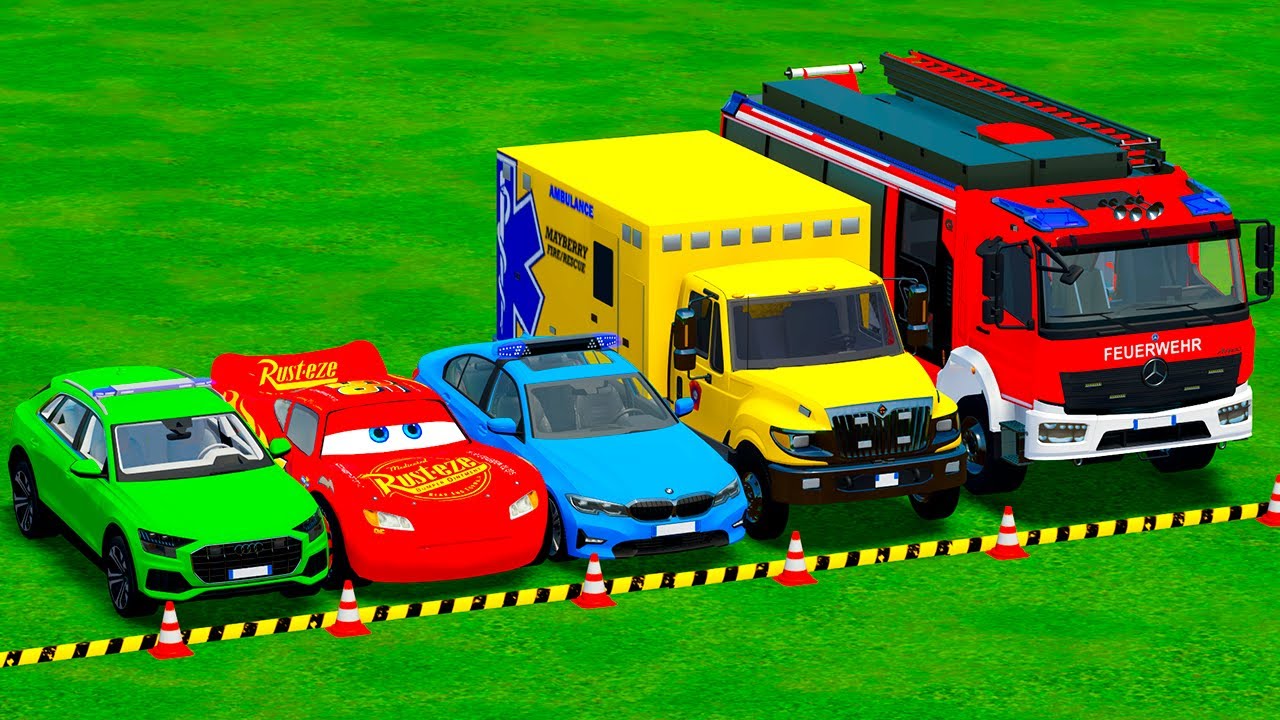 DACIA, MCQUEEN CAR, FORD POLICE CARS, AMBULANCE EMERGENCY TRANSPORTING WITH TRUCKS ! FS22