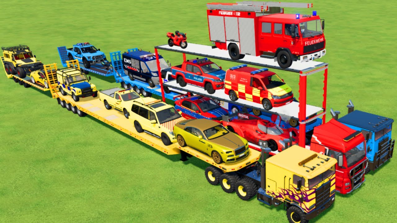 TRANSPORTING CARS, AMBULANCE, POLICE CARS, FIRE TRUCK OF COLORS! WITH TRUCKS! - FS 22